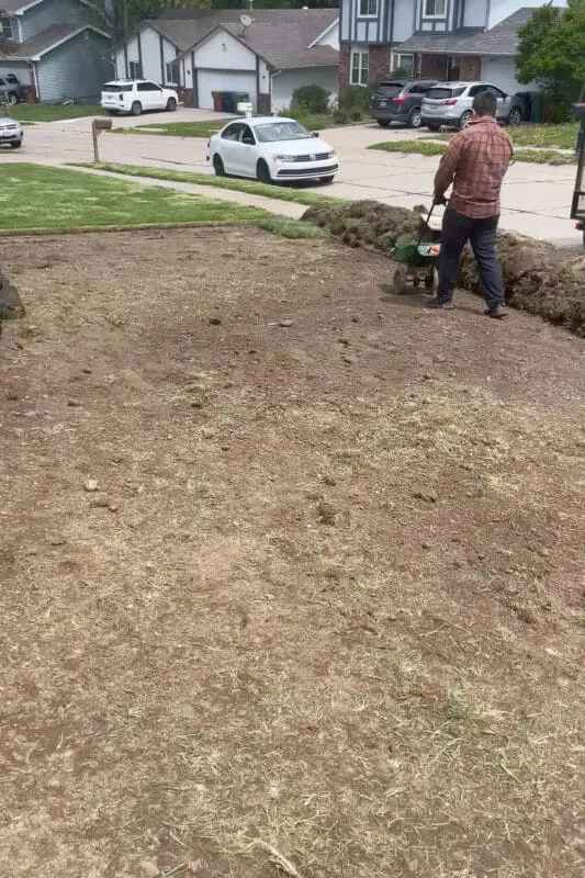 Spreading a grub killer on grass before laying sod.